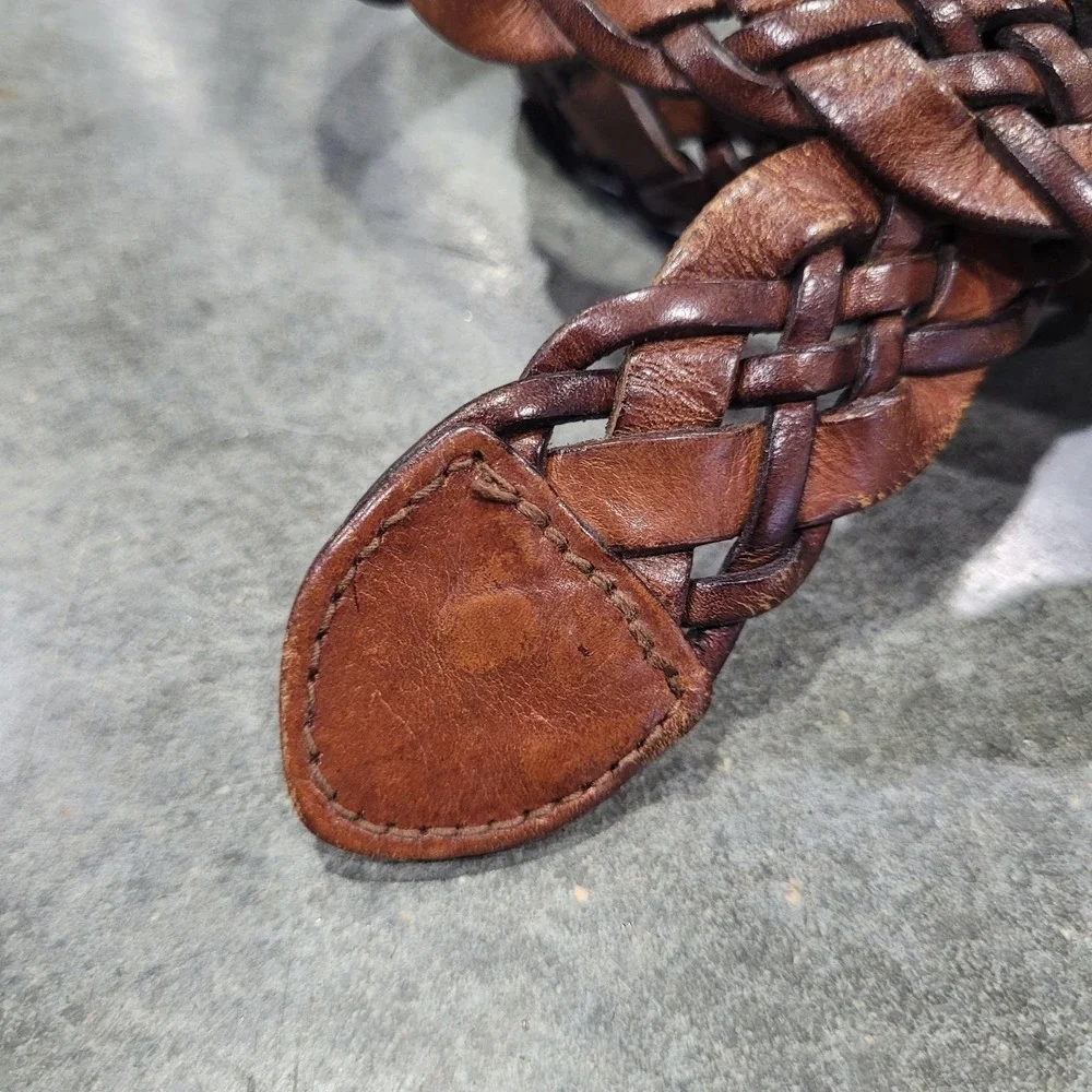 VTG Express Belt Lg Brown Leather Woven Braided Boho Cowgirl 90s Two Tone Rustic